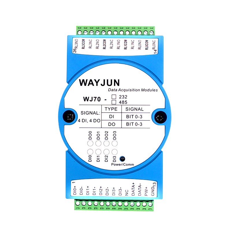 WJ70系列 四路DI四路繼電器輸出，RS-485/232數據采集遠程IO模塊